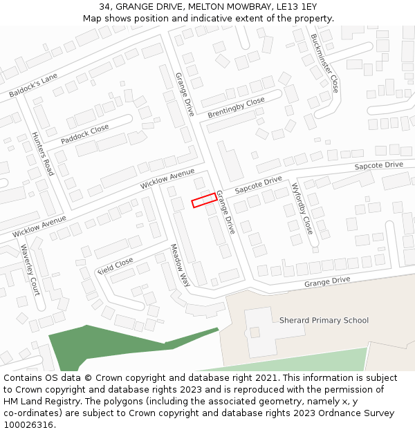 34, GRANGE DRIVE, MELTON MOWBRAY, LE13 1EY: Location map and indicative extent of plot