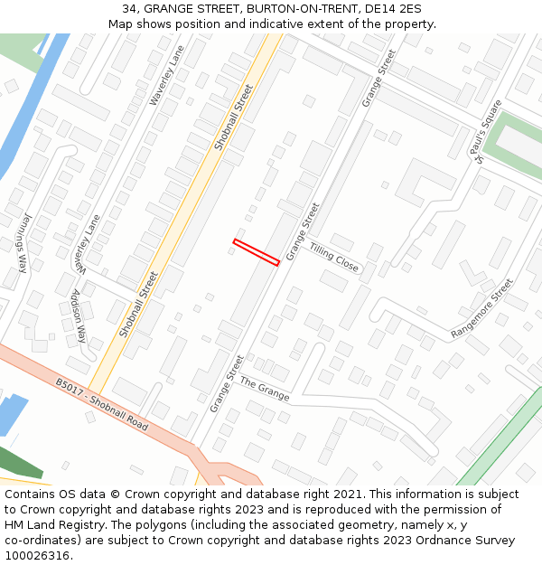 34, GRANGE STREET, BURTON-ON-TRENT, DE14 2ES: Location map and indicative extent of plot