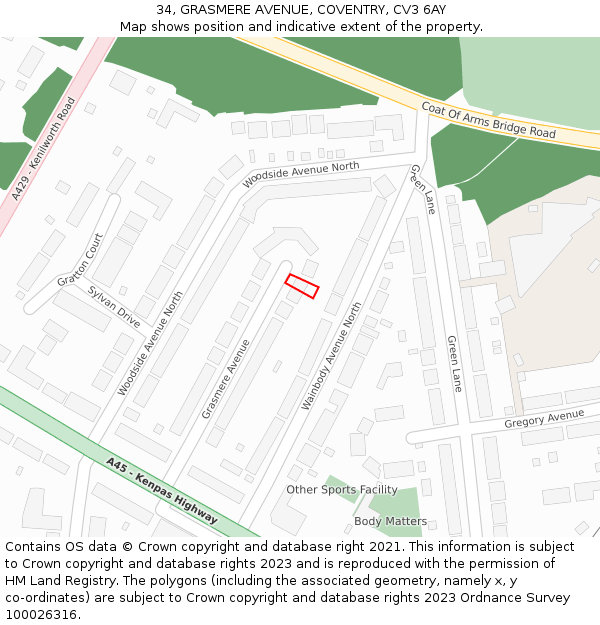 34, GRASMERE AVENUE, COVENTRY, CV3 6AY: Location map and indicative extent of plot