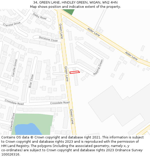 34, GREEN LANE, HINDLEY GREEN, WIGAN, WN2 4HN: Location map and indicative extent of plot
