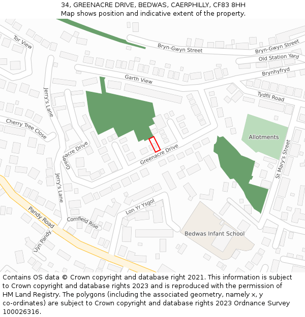 34, GREENACRE DRIVE, BEDWAS, CAERPHILLY, CF83 8HH: Location map and indicative extent of plot