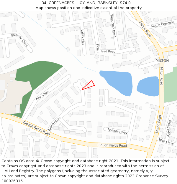 34, GREENACRES, HOYLAND, BARNSLEY, S74 0HL: Location map and indicative extent of plot