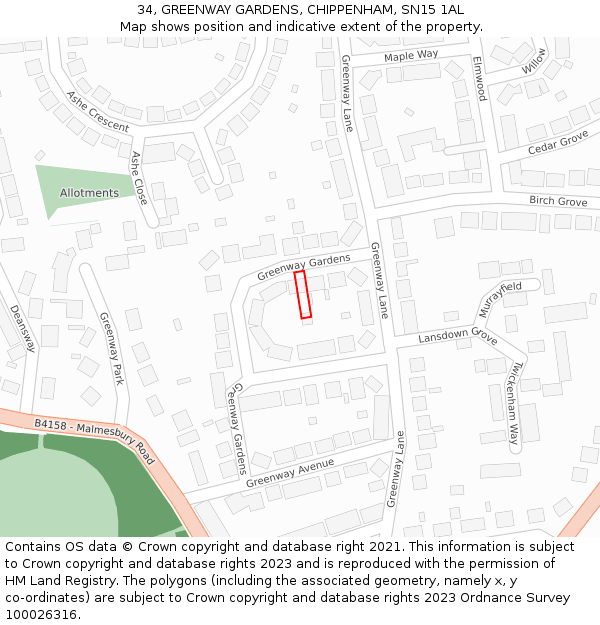 34, GREENWAY GARDENS, CHIPPENHAM, SN15 1AL: Location map and indicative extent of plot