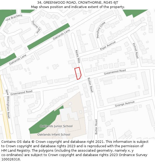 34, GREENWOOD ROAD, CROWTHORNE, RG45 6JT: Location map and indicative extent of plot