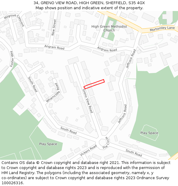 34, GRENO VIEW ROAD, HIGH GREEN, SHEFFIELD, S35 4GX: Location map and indicative extent of plot