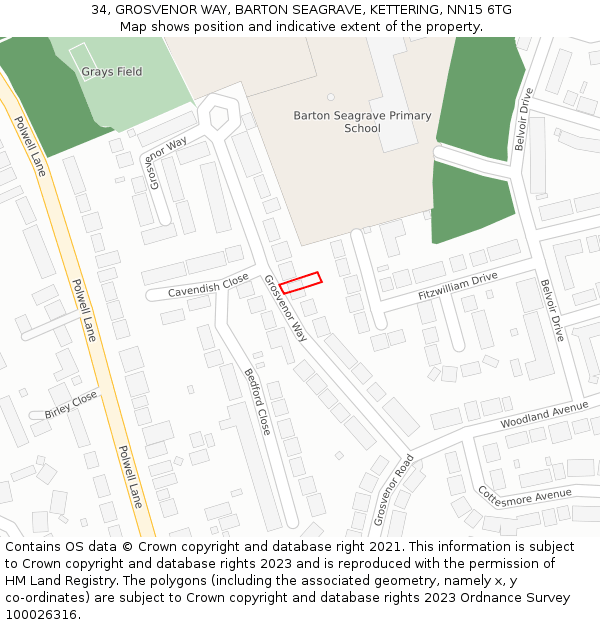 34, GROSVENOR WAY, BARTON SEAGRAVE, KETTERING, NN15 6TG: Location map and indicative extent of plot