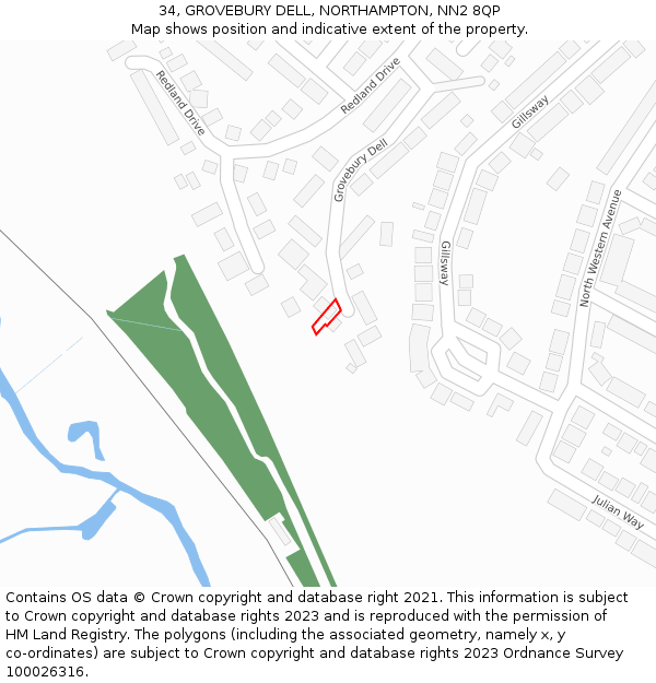 34, GROVEBURY DELL, NORTHAMPTON, NN2 8QP: Location map and indicative extent of plot