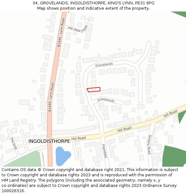 34, GROVELANDS, INGOLDISTHORPE, KING'S LYNN, PE31 6PG: Location map and indicative extent of plot