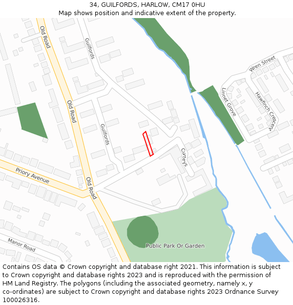 34, GUILFORDS, HARLOW, CM17 0HU: Location map and indicative extent of plot