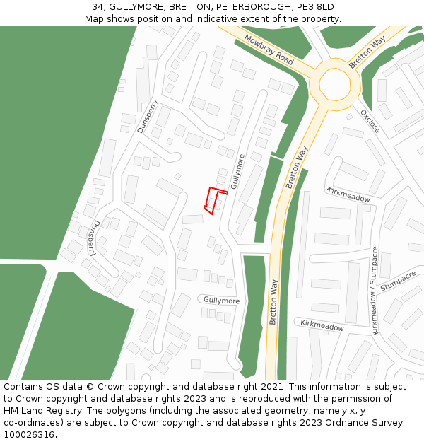 34, GULLYMORE, BRETTON, PETERBOROUGH, PE3 8LD: Location map and indicative extent of plot