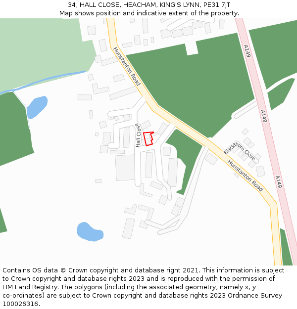 34, HALL CLOSE, HEACHAM, KING'S LYNN, PE31 7JT: Location map and indicative extent of plot