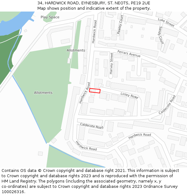 34, HARDWICK ROAD, EYNESBURY, ST. NEOTS, PE19 2UE: Location map and indicative extent of plot