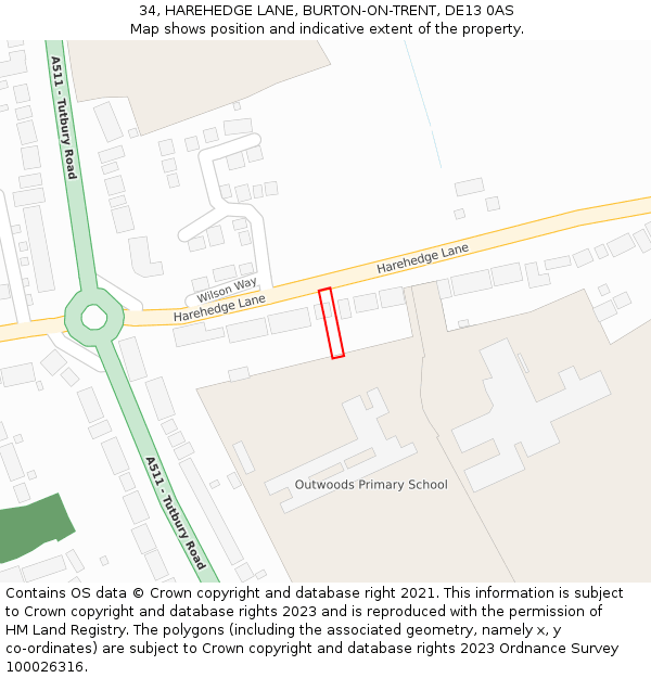 34, HAREHEDGE LANE, BURTON-ON-TRENT, DE13 0AS: Location map and indicative extent of plot