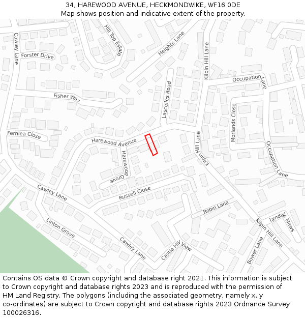 34, HAREWOOD AVENUE, HECKMONDWIKE, WF16 0DE: Location map and indicative extent of plot