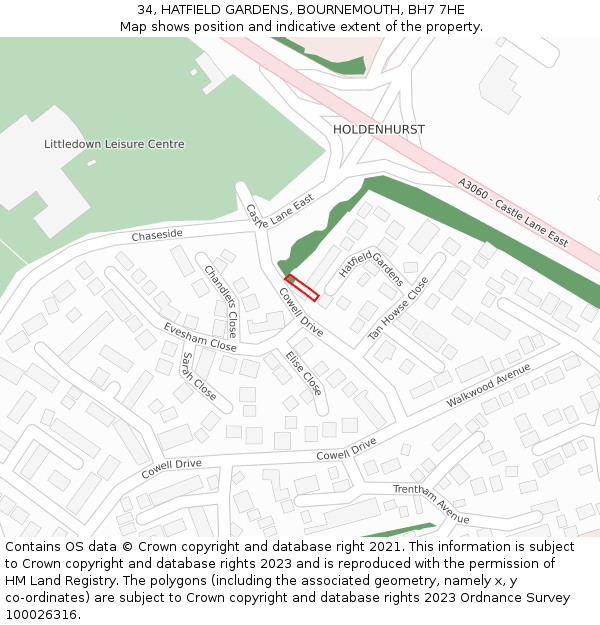 34, HATFIELD GARDENS, BOURNEMOUTH, BH7 7HE: Location map and indicative extent of plot