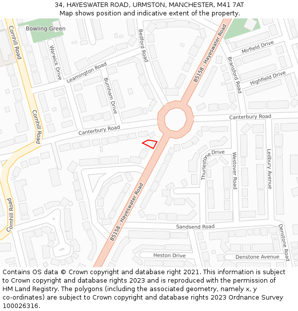 34, HAYESWATER ROAD, URMSTON, MANCHESTER, M41 7AT: Location map and indicative extent of plot