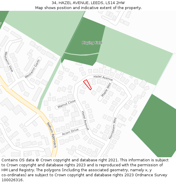 34, HAZEL AVENUE, LEEDS, LS14 2HW: Location map and indicative extent of plot