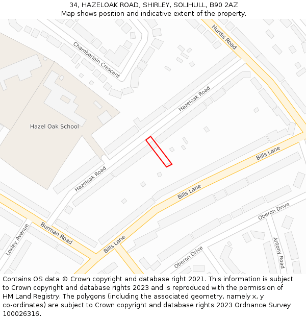 34, HAZELOAK ROAD, SHIRLEY, SOLIHULL, B90 2AZ: Location map and indicative extent of plot