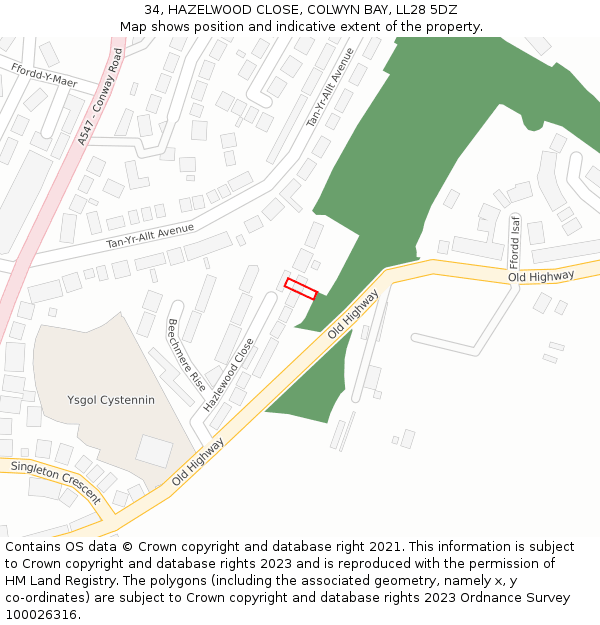 34, HAZELWOOD CLOSE, COLWYN BAY, LL28 5DZ: Location map and indicative extent of plot
