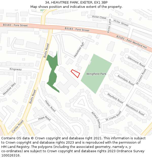 34, HEAVITREE PARK, EXETER, EX1 3BP: Location map and indicative extent of plot
