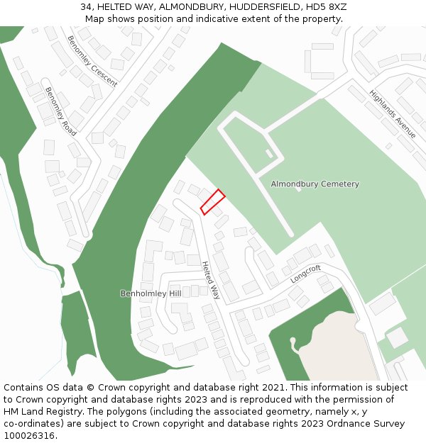 34, HELTED WAY, ALMONDBURY, HUDDERSFIELD, HD5 8XZ: Location map and indicative extent of plot