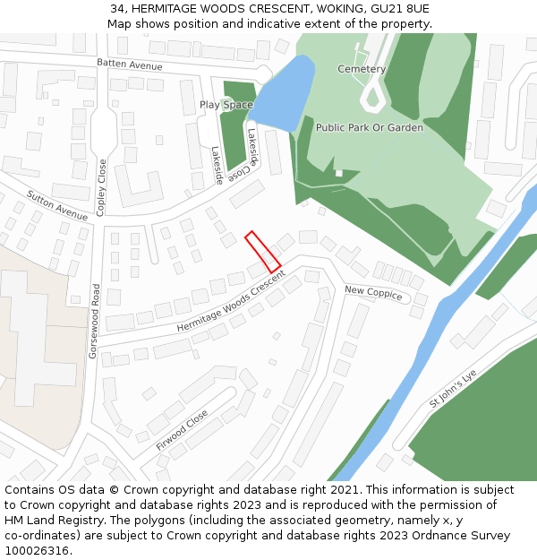 34, HERMITAGE WOODS CRESCENT, WOKING, GU21 8UE: Location map and indicative extent of plot
