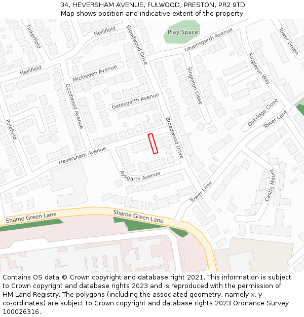 34, HEVERSHAM AVENUE, FULWOOD, PRESTON, PR2 9TD: Location map and indicative extent of plot