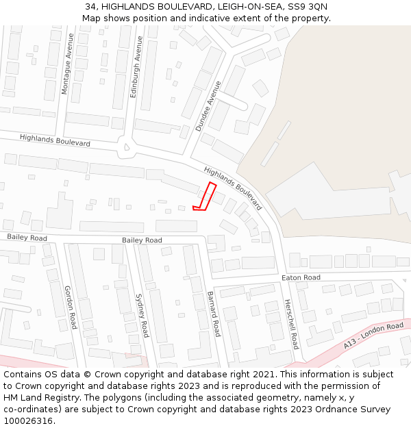 34, HIGHLANDS BOULEVARD, LEIGH-ON-SEA, SS9 3QN: Location map and indicative extent of plot
