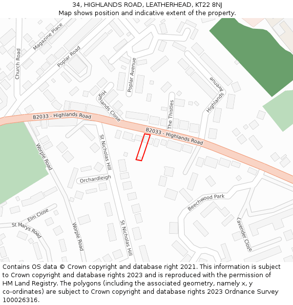 34, HIGHLANDS ROAD, LEATHERHEAD, KT22 8NJ: Location map and indicative extent of plot