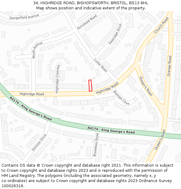 34, HIGHRIDGE ROAD, BISHOPSWORTH, BRISTOL, BS13 8HL: Location map and indicative extent of plot