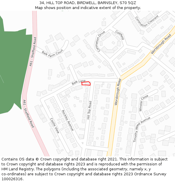 34, HILL TOP ROAD, BIRDWELL, BARNSLEY, S70 5QZ: Location map and indicative extent of plot