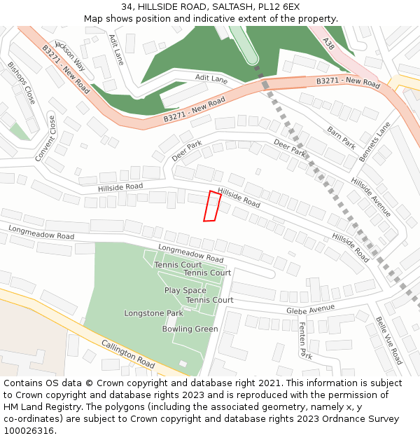 34, HILLSIDE ROAD, SALTASH, PL12 6EX: Location map and indicative extent of plot