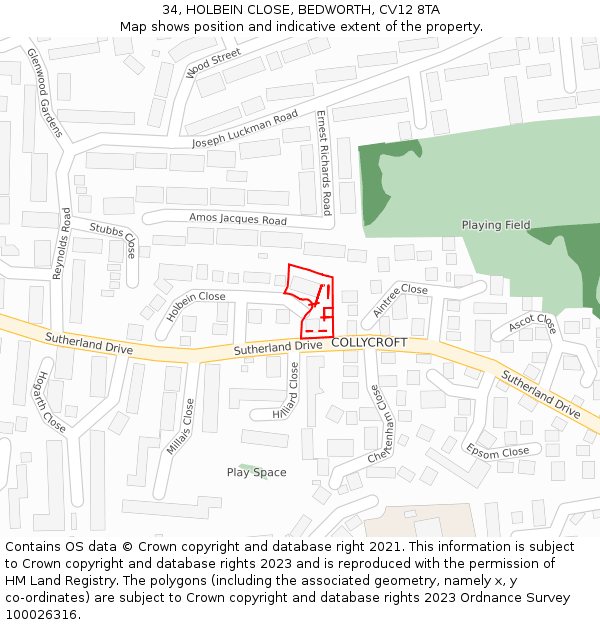 34, HOLBEIN CLOSE, BEDWORTH, CV12 8TA: Location map and indicative extent of plot