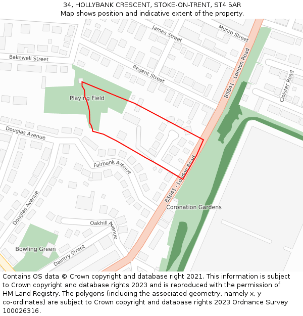 34, HOLLYBANK CRESCENT, STOKE-ON-TRENT, ST4 5AR: Location map and indicative extent of plot