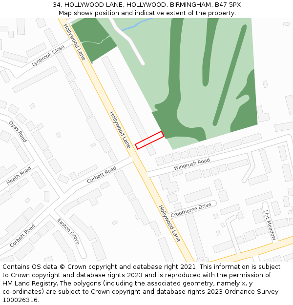 34, HOLLYWOOD LANE, HOLLYWOOD, BIRMINGHAM, B47 5PX: Location map and indicative extent of plot