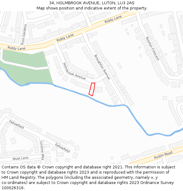 34, HOLMBROOK AVENUE, LUTON, LU3 2AS: Location map and indicative extent of plot