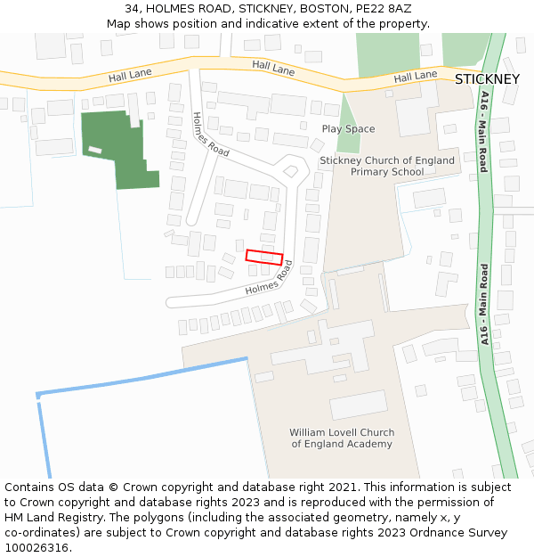 34, HOLMES ROAD, STICKNEY, BOSTON, PE22 8AZ: Location map and indicative extent of plot