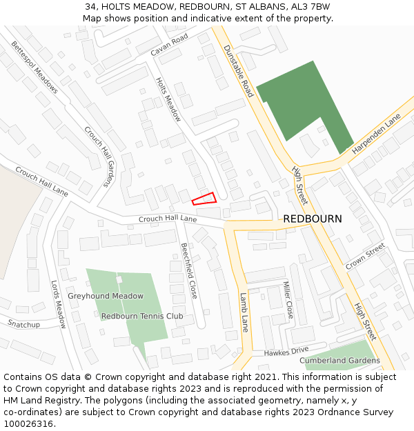 34, HOLTS MEADOW, REDBOURN, ST ALBANS, AL3 7BW: Location map and indicative extent of plot