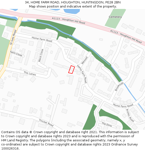 34, HOME FARM ROAD, HOUGHTON, HUNTINGDON, PE28 2BN: Location map and indicative extent of plot