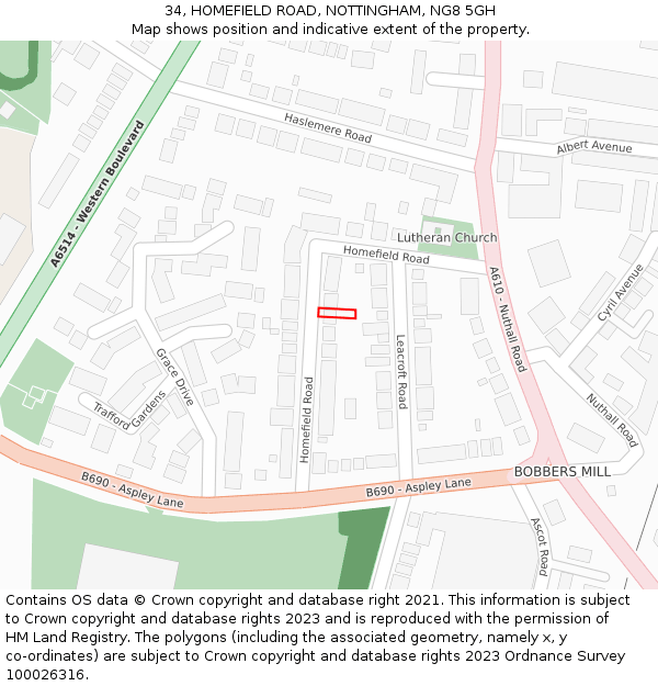 34, HOMEFIELD ROAD, NOTTINGHAM, NG8 5GH: Location map and indicative extent of plot