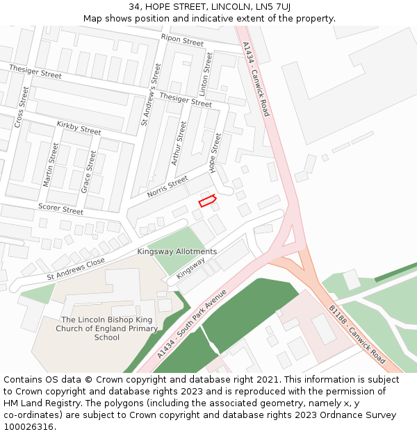 34, HOPE STREET, LINCOLN, LN5 7UJ: Location map and indicative extent of plot