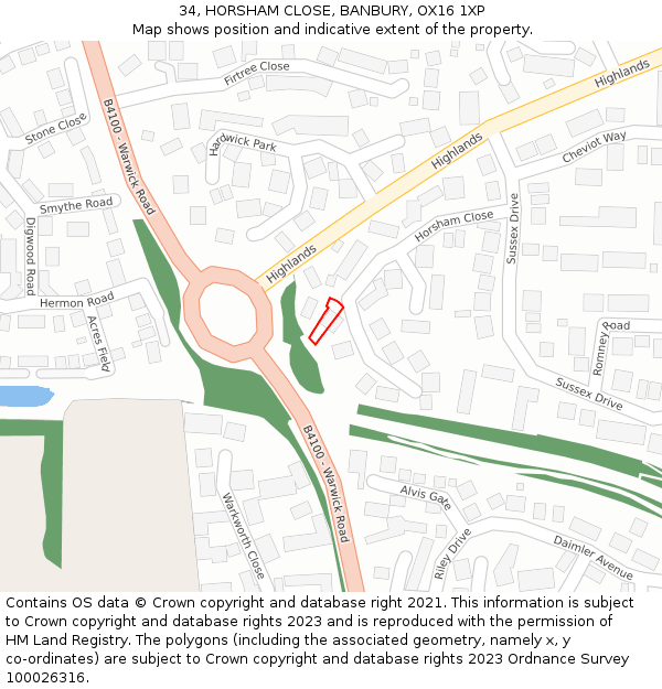 34, HORSHAM CLOSE, BANBURY, OX16 1XP: Location map and indicative extent of plot
