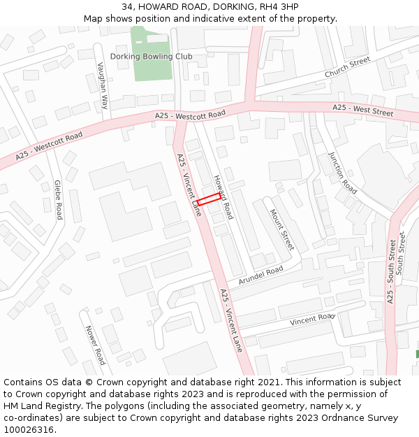 34, HOWARD ROAD, DORKING, RH4 3HP: Location map and indicative extent of plot