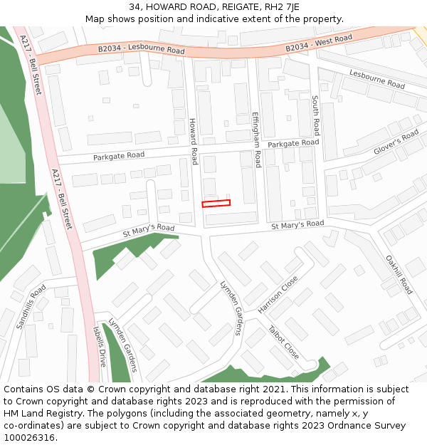 34, HOWARD ROAD, REIGATE, RH2 7JE: Location map and indicative extent of plot