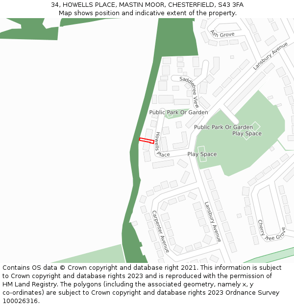 34, HOWELLS PLACE, MASTIN MOOR, CHESTERFIELD, S43 3FA: Location map and indicative extent of plot