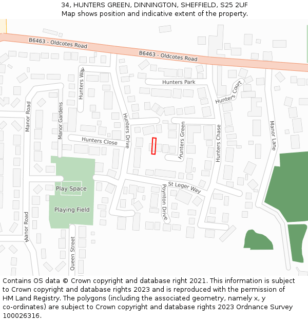 34, HUNTERS GREEN, DINNINGTON, SHEFFIELD, S25 2UF: Location map and indicative extent of plot