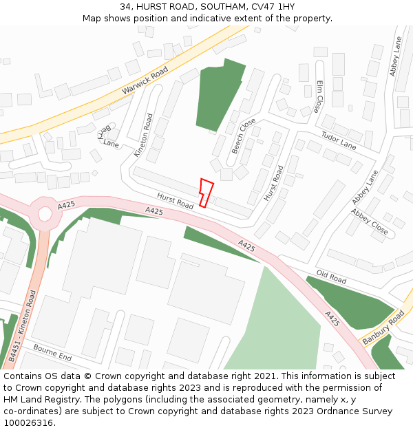 34, HURST ROAD, SOUTHAM, CV47 1HY: Location map and indicative extent of plot