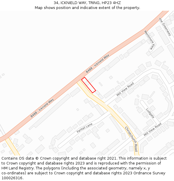 34, ICKNIELD WAY, TRING, HP23 4HZ: Location map and indicative extent of plot