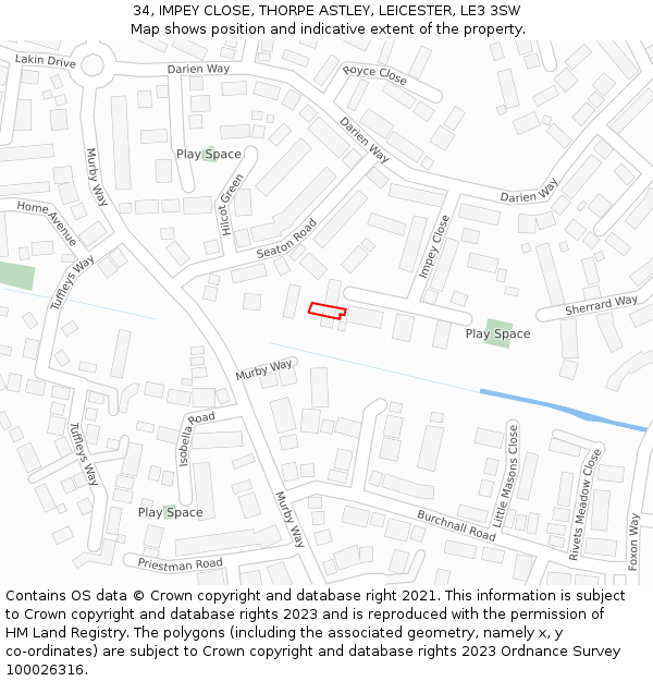 34, IMPEY CLOSE, THORPE ASTLEY, LEICESTER, LE3 3SW: Location map and indicative extent of plot