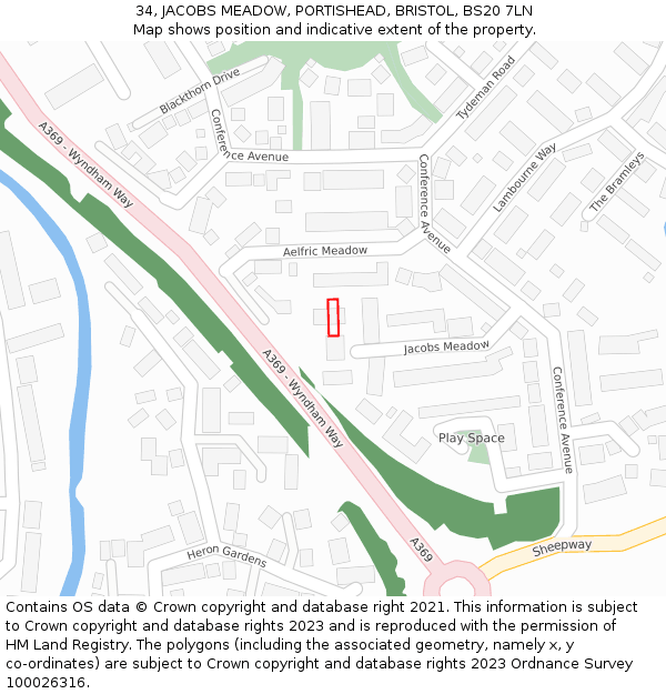 34, JACOBS MEADOW, PORTISHEAD, BRISTOL, BS20 7LN: Location map and indicative extent of plot